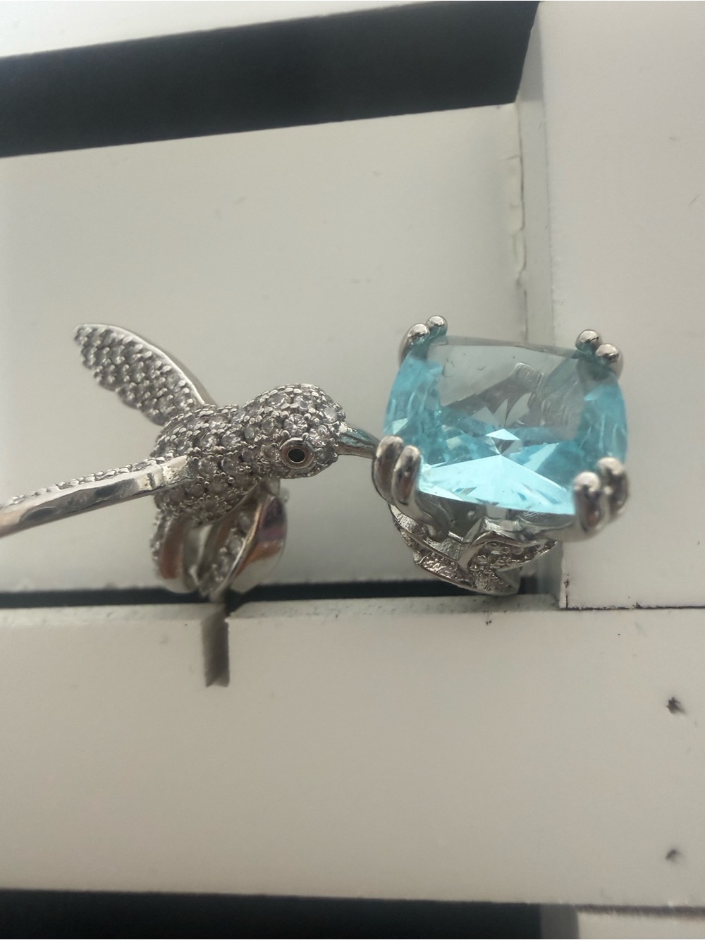 Hummingbird Ring with Large Aquamarine Blue Stone